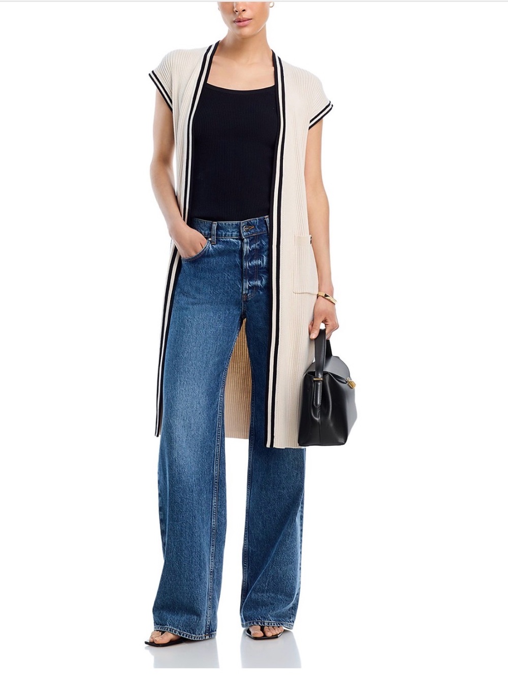 T Tahari Sleeveless Long Ribbed Cardigan Vest in Cream with Black Trim